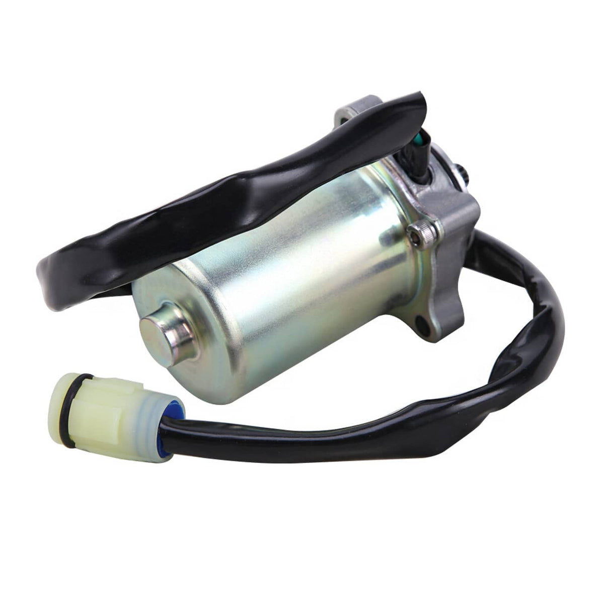 Power shift control motor with side mounting bracket, silver cylinder, and connector