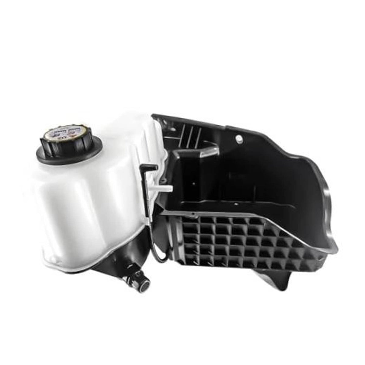 Engine coolant overflow recovery reservoir tank and cap, white with black mounting assembly