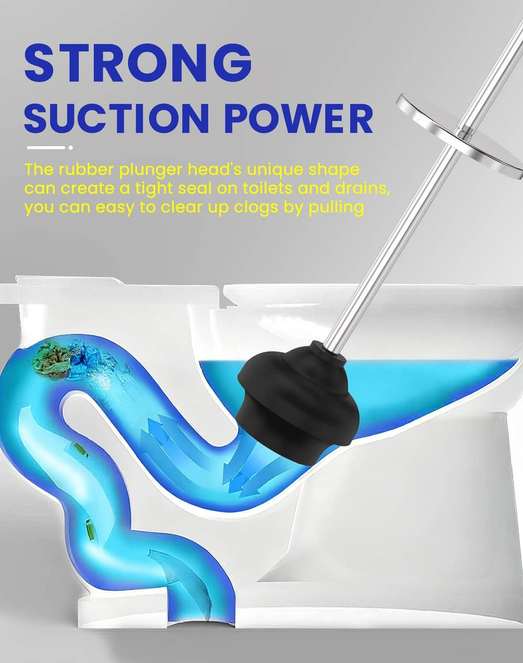 Toilet plunger with long chrome handle and black rubber suction head