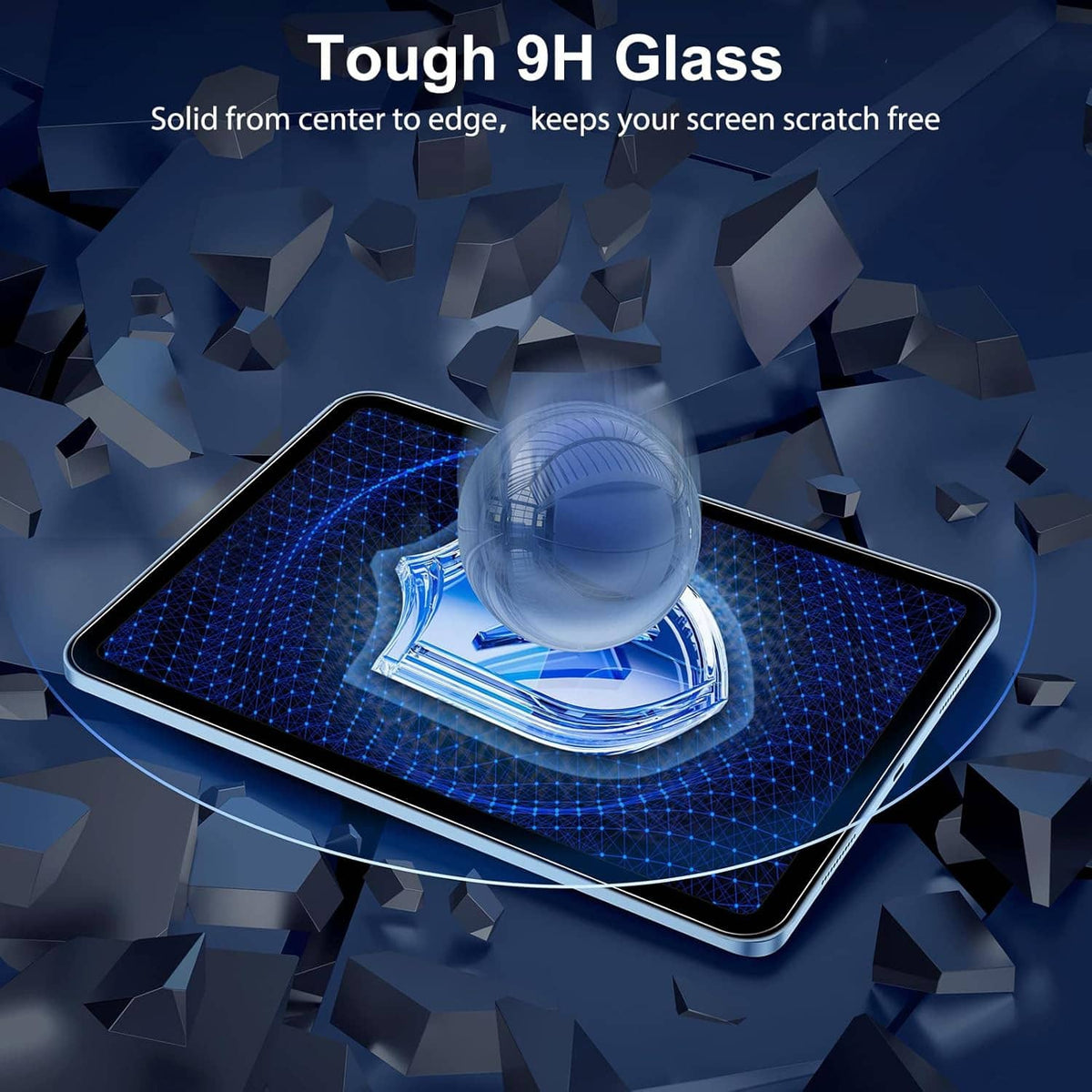 9H tempered glass screen protector covering iPad display, clear scratch-resistant shield