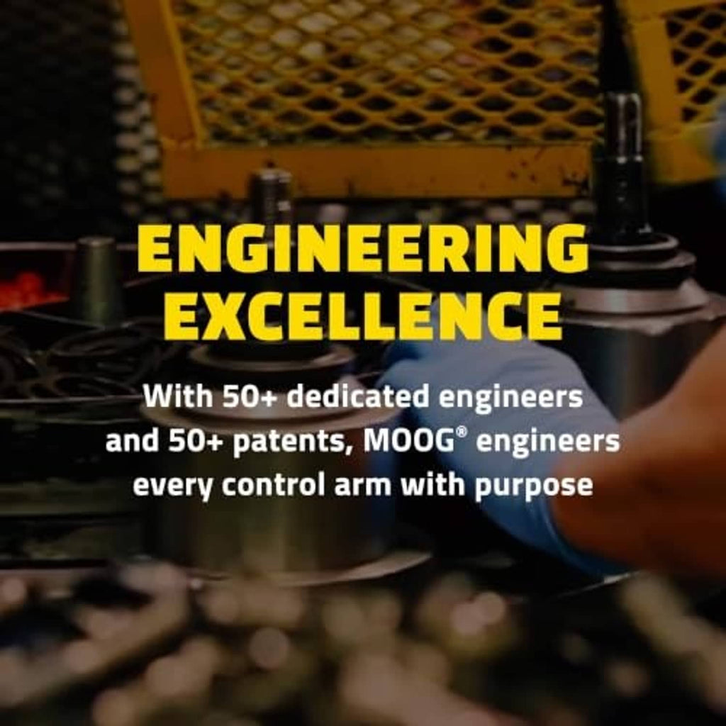 Control arm component near a vehicle engine bay, shown with engineering-themed promotional scene