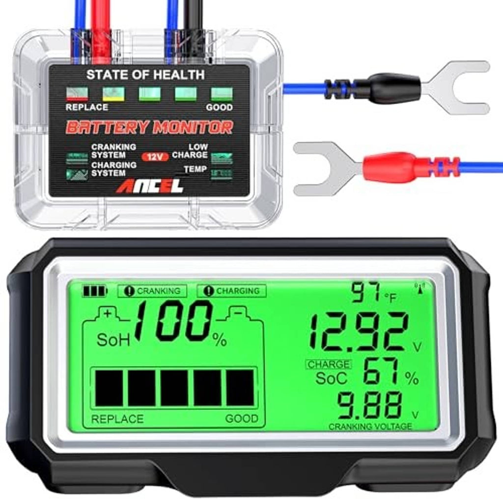 Car battery monitor showing green LCD with charge and battery health indicators