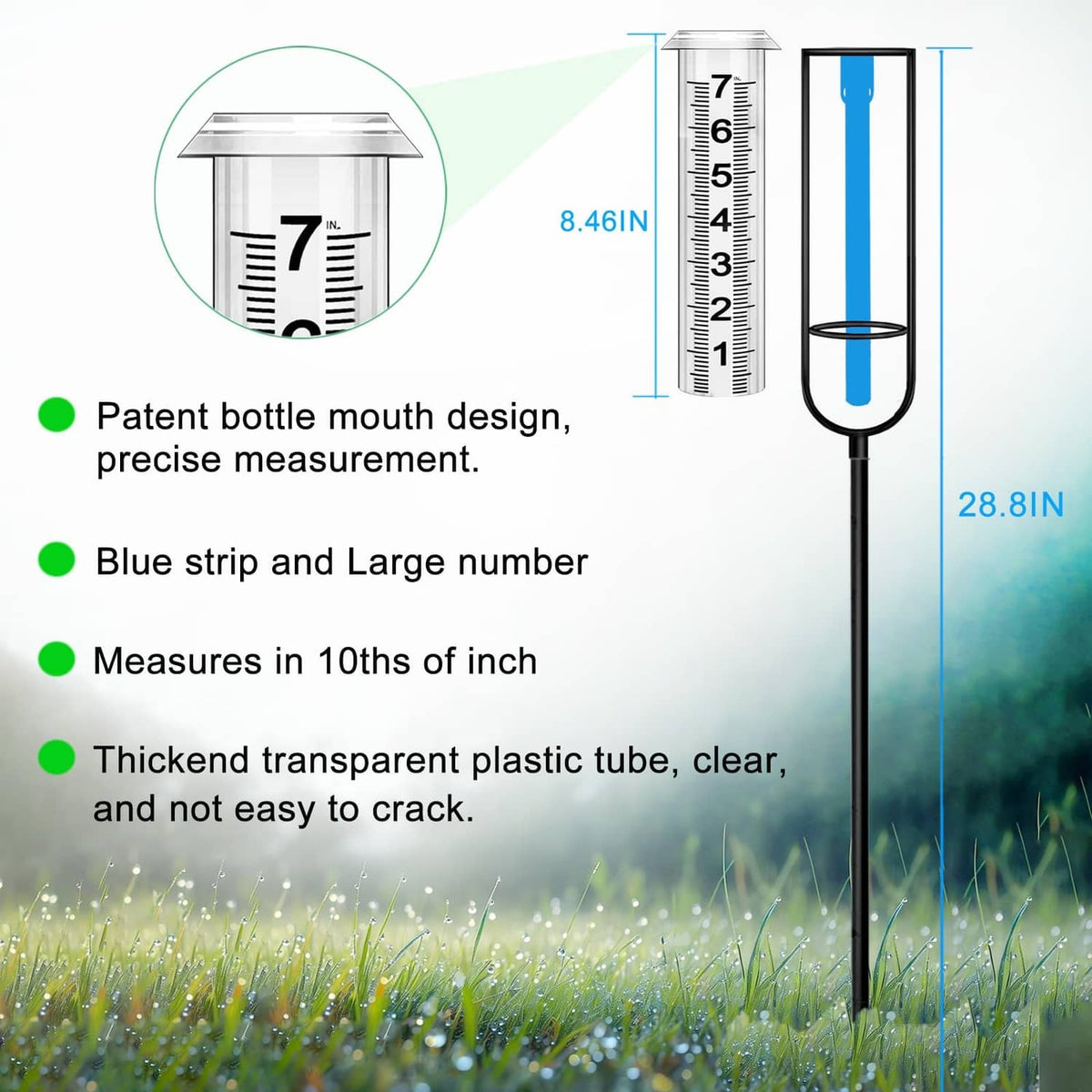 Outdoor rain gauge with blue strip measuring tube on stake, capped bottle mouth
