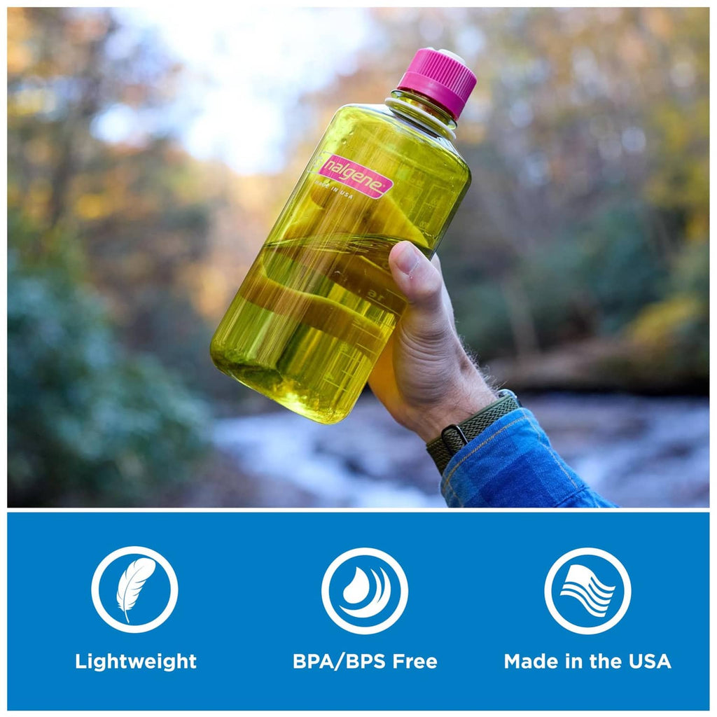 32 oz narrow mouth water bottle in yellow-green with pink cap