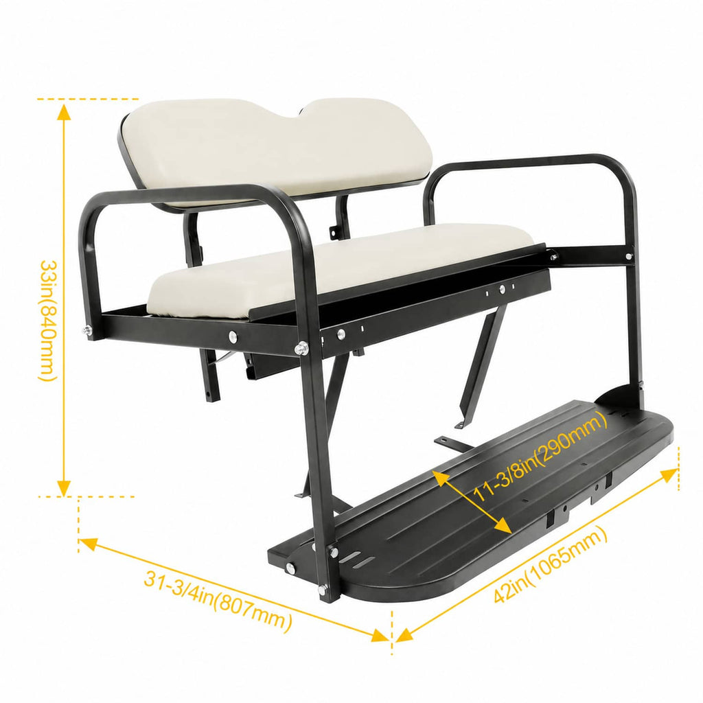Golf cart flip rear back seat kit with off-white cushions and black foot platform