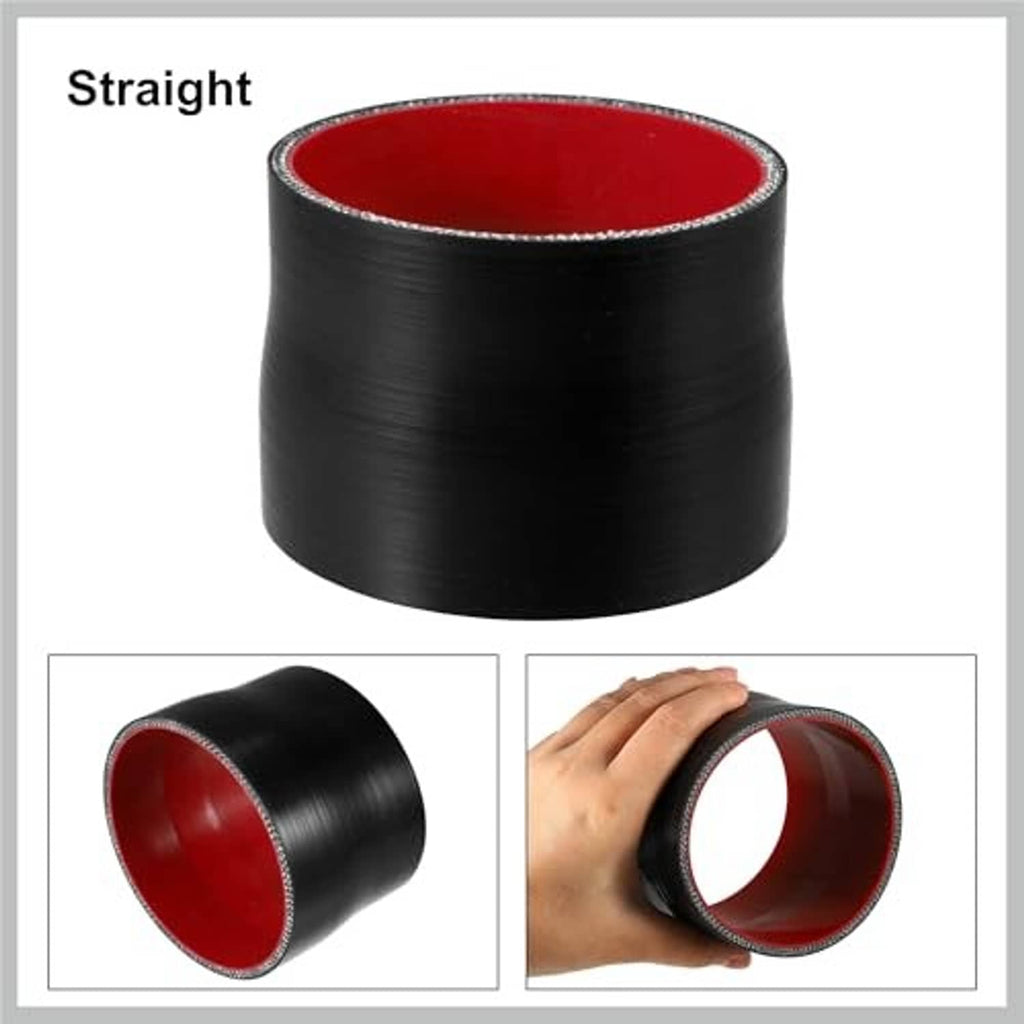 Straight silicone hose coupler, black exterior and red inner lining, front view