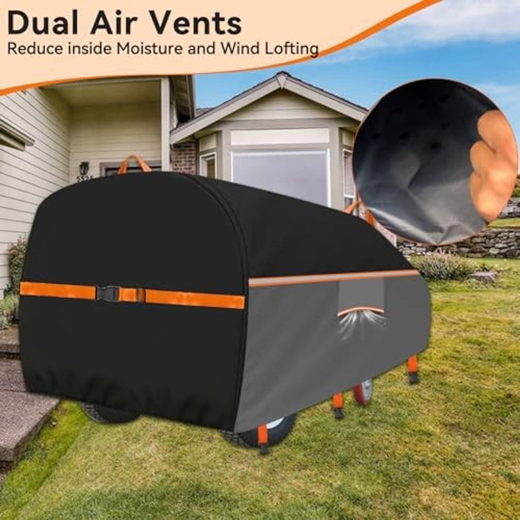 Log splitter cover with dual air vents and orange stripe, black