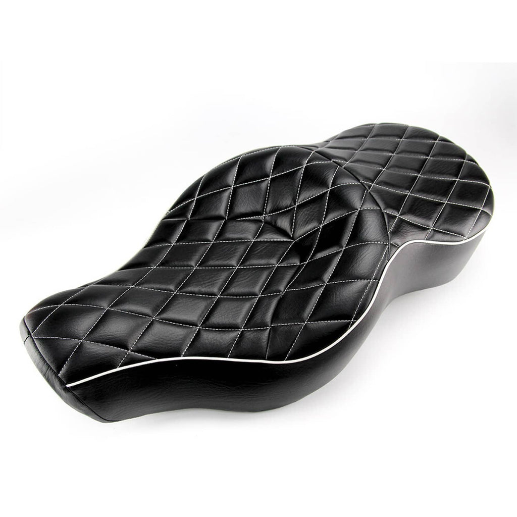 Black two-up motorcycle seat cushion with diamond-quilted top and contoured side bolsters