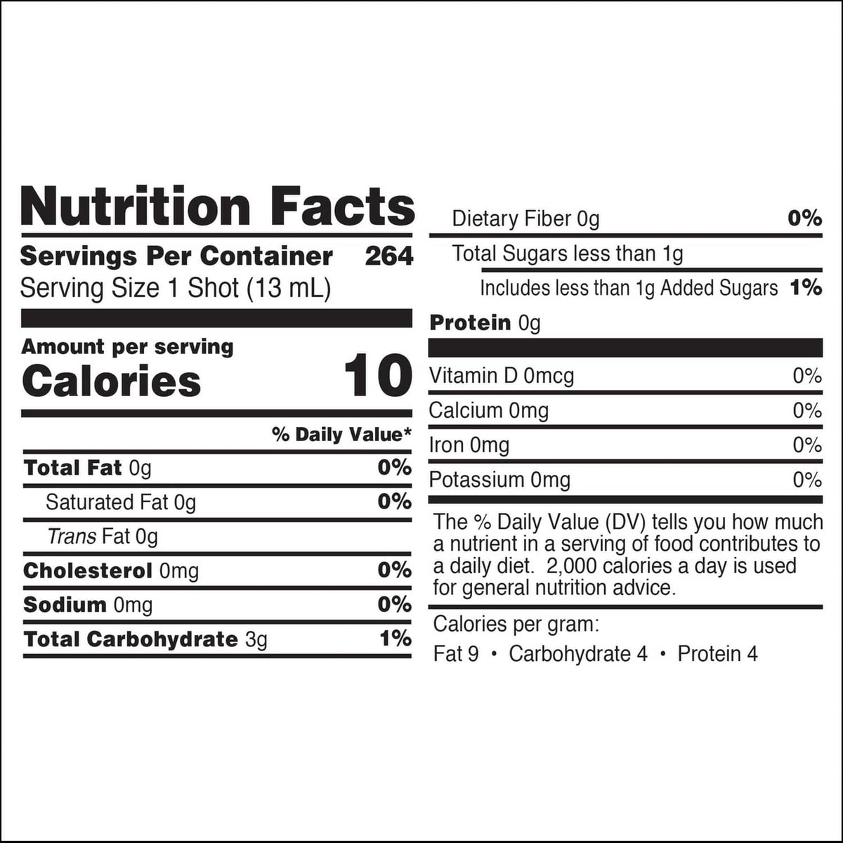 Nutrition Facts panel for one coffee shot, showing 10 calories and 0g sugar