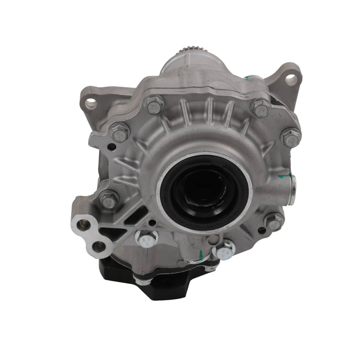 Automotive transfer case assembly, circular output port in silver metal housing.