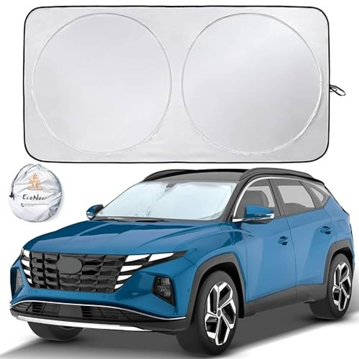 Large front windshield sun shade unfolded, two circular panels with side storage pouch
