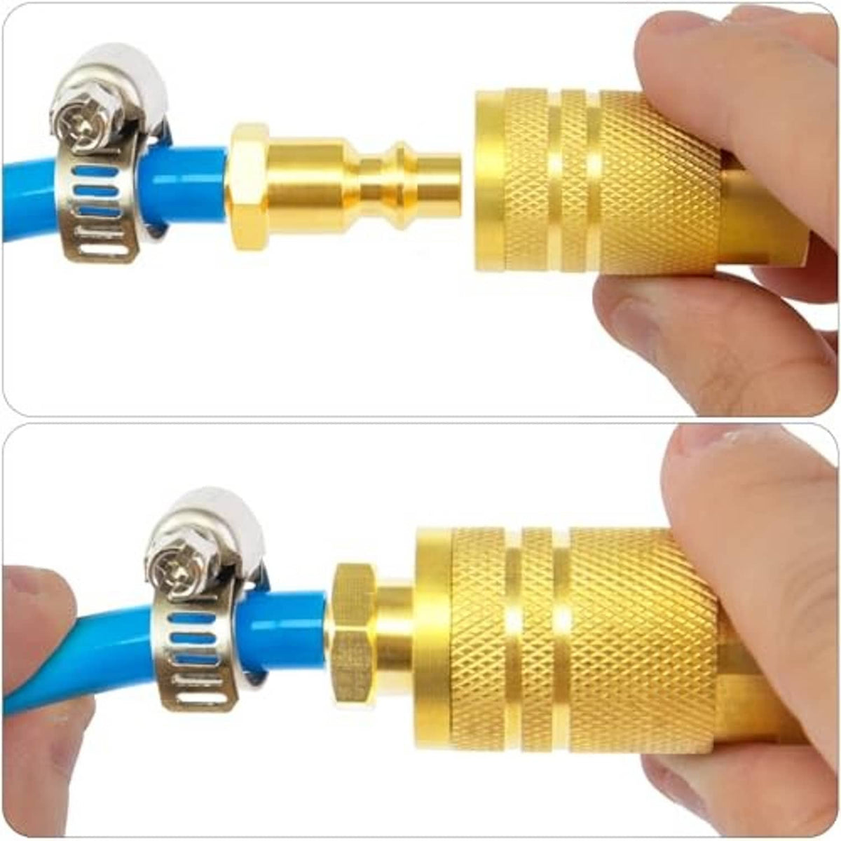 Brass hose barb fitting installed on blue hose with metal clamp held in hand