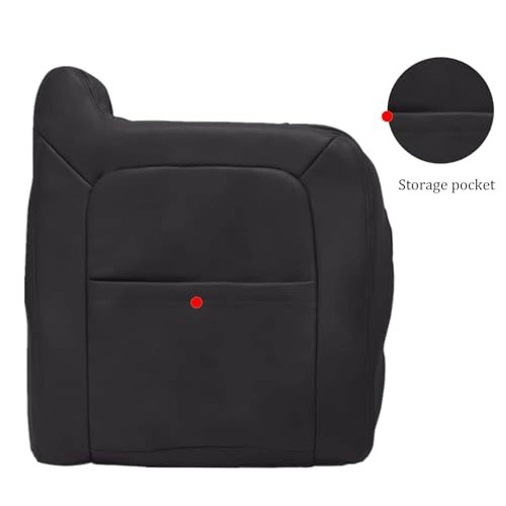 Black leather seat back cover with storage pocket, stitched panel design