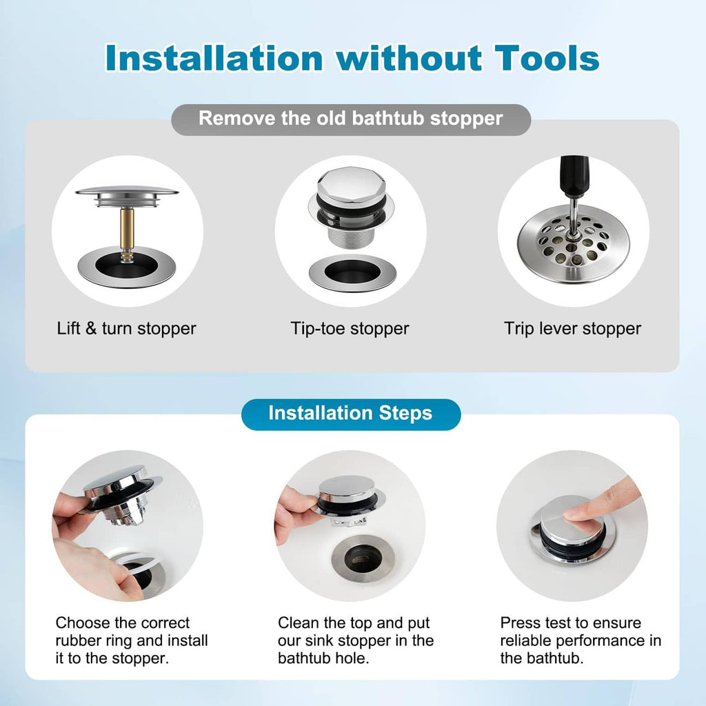Silver pop-up bathtub drain stopper with black cap, shown installed without tools