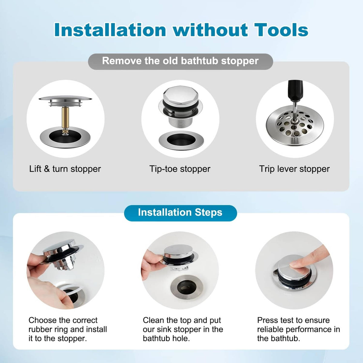 Silver pop-up bathtub drain stopper with black cap, shown installed without tools