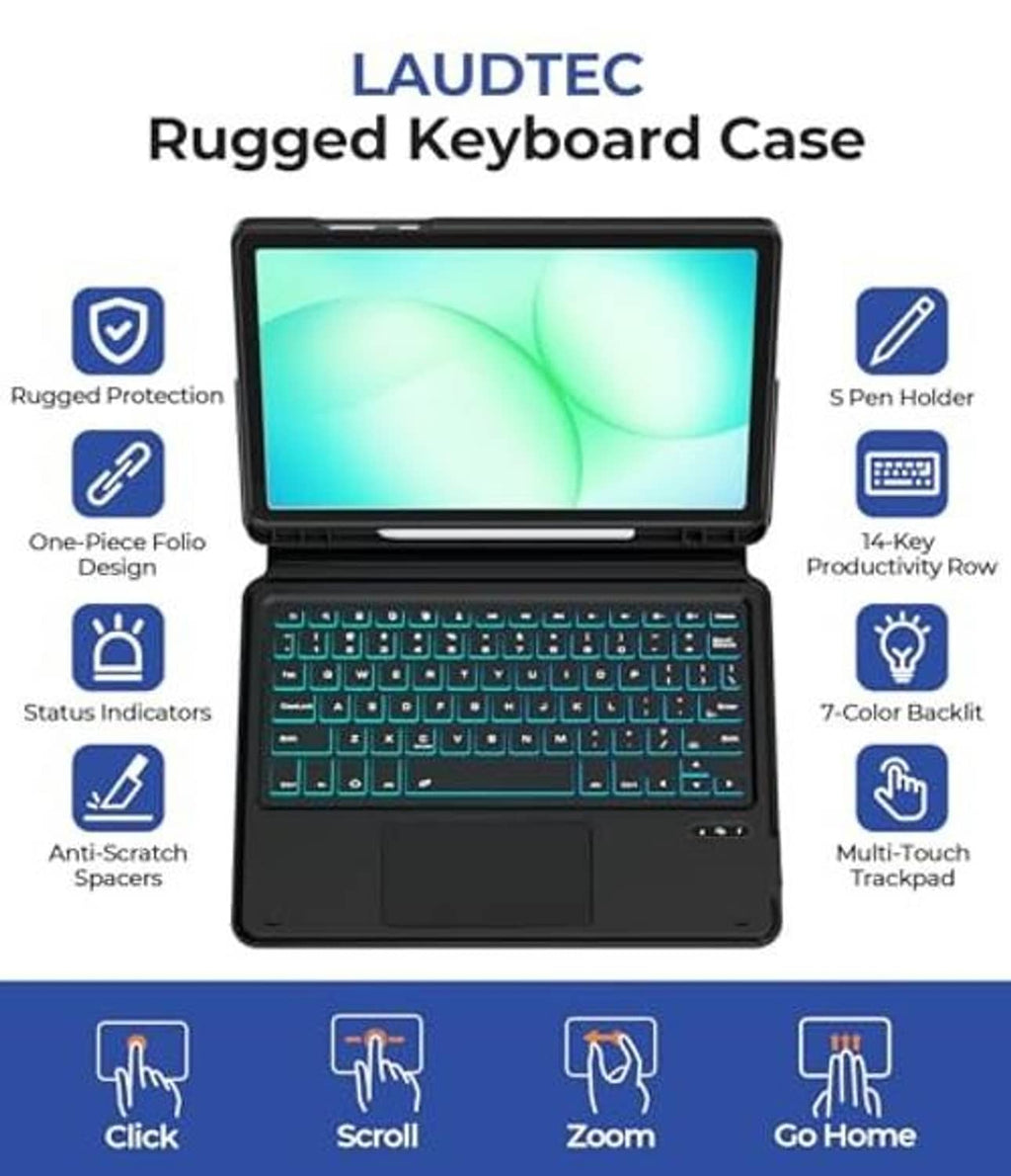 Black rugged keyboard folio case with tablet front and embedded QWERTY-style keys