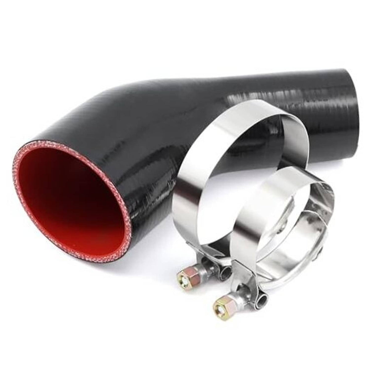45° silicone hose elbow coupler reducer, black with red inner lining and stainless T-bolt clamps