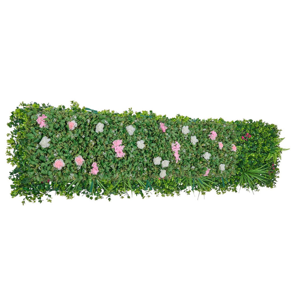 Artificial floral hedge wall strip with dense green foliage and pink and white flowers