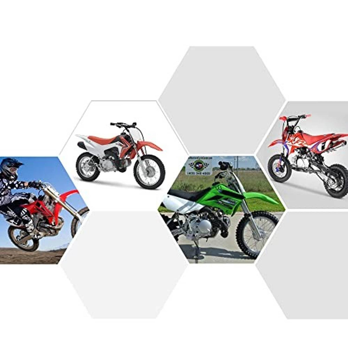 Brake lever holder clamp shown on multiple dirt bikes in a hexagon display