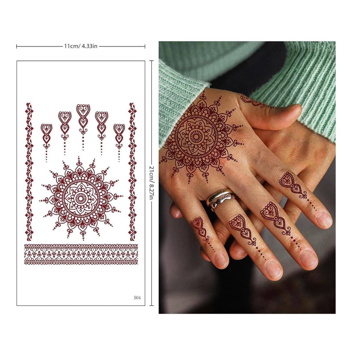 Brown henna hand tattoo with red floral mandala stencil and measurement outline