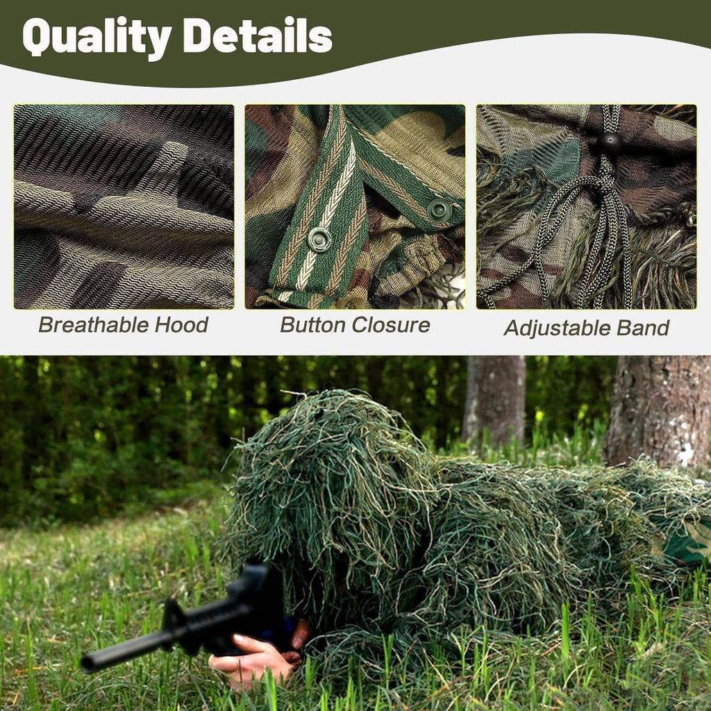 Ghillie hood and adjustable band with snap closure on green-brown camouflage fabric.