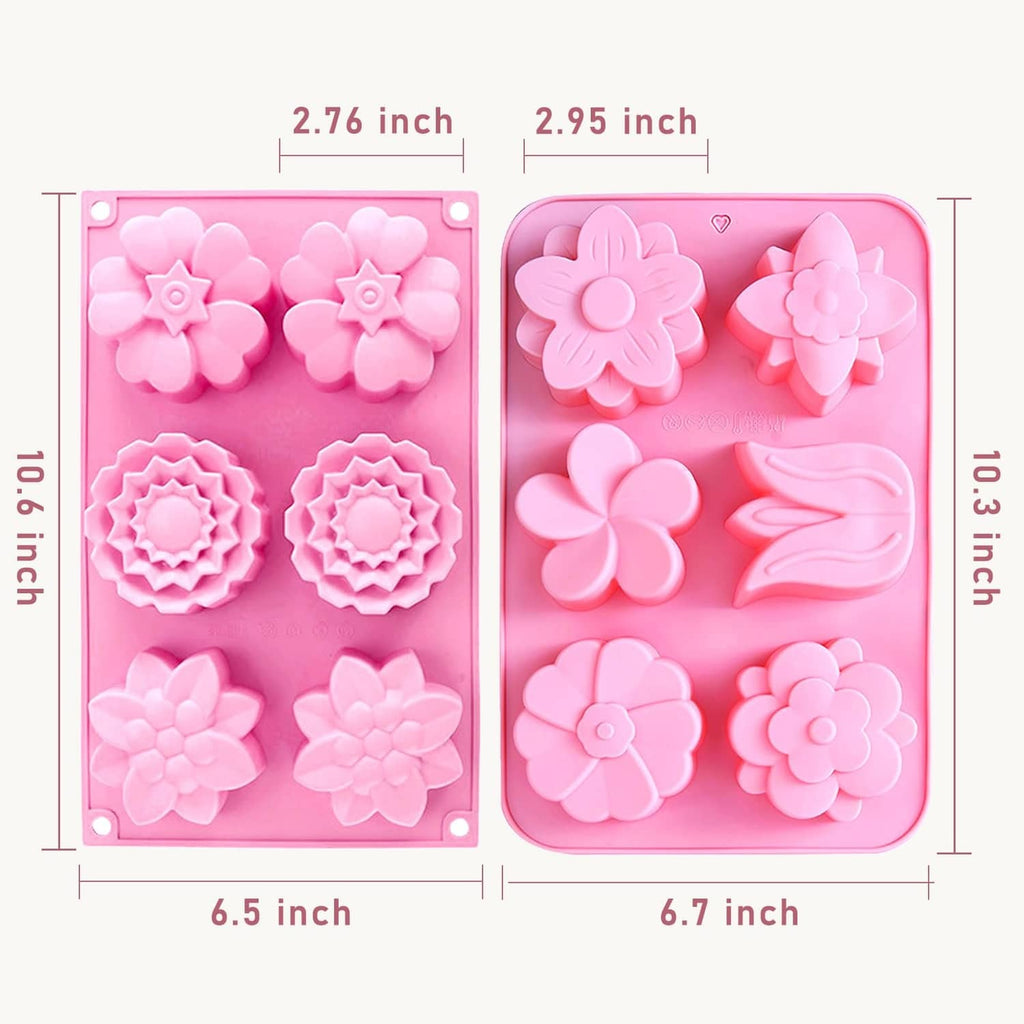 Two-piece pink silicone soap mold with flower cavities, 6.5 in and 6.7 in