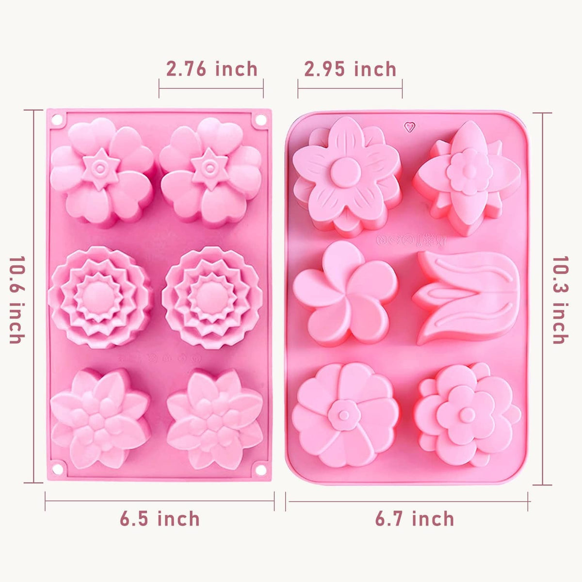 Two-piece pink silicone soap mold with flower cavities, 6.5 in and 6.7 in