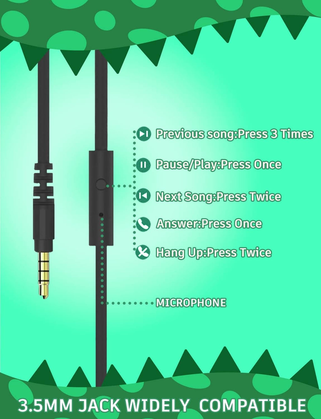 3.5mm wired headset cable with inline controls and microphone for kids dinosaur headphones