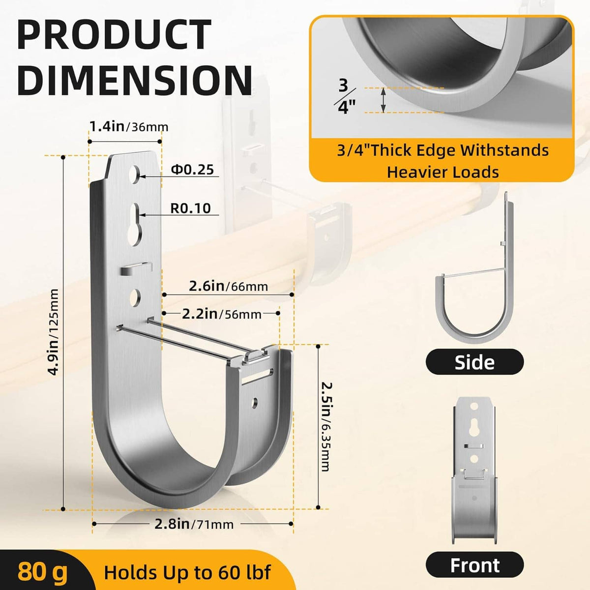Wall-mount galvanized steel J hook with dimensioned mounting plate and large open curve