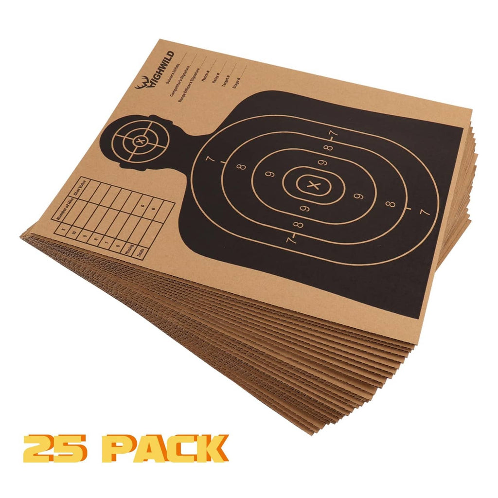 Highwild cardboard target stack with black concentric rings and scoring grid on brown