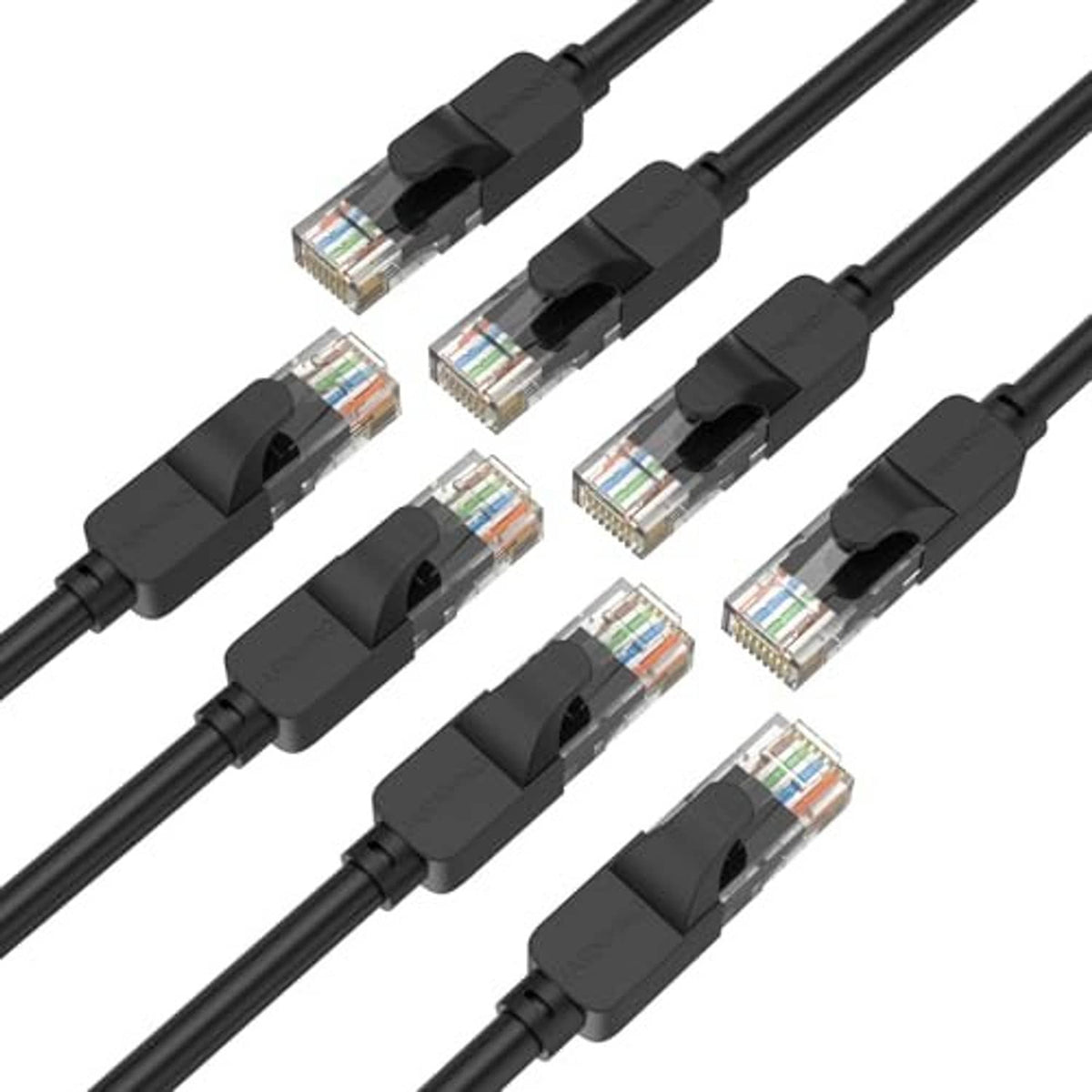Set of black Cat6-style Ethernet cables with RJ45 plugs, close-up from above.