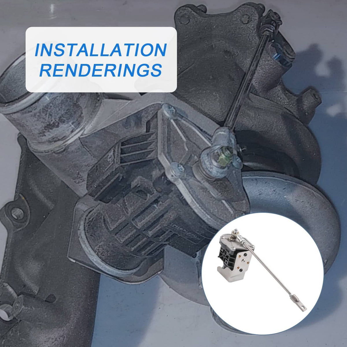Turbo wastegate actuator installation shown on engine component with wiring plug