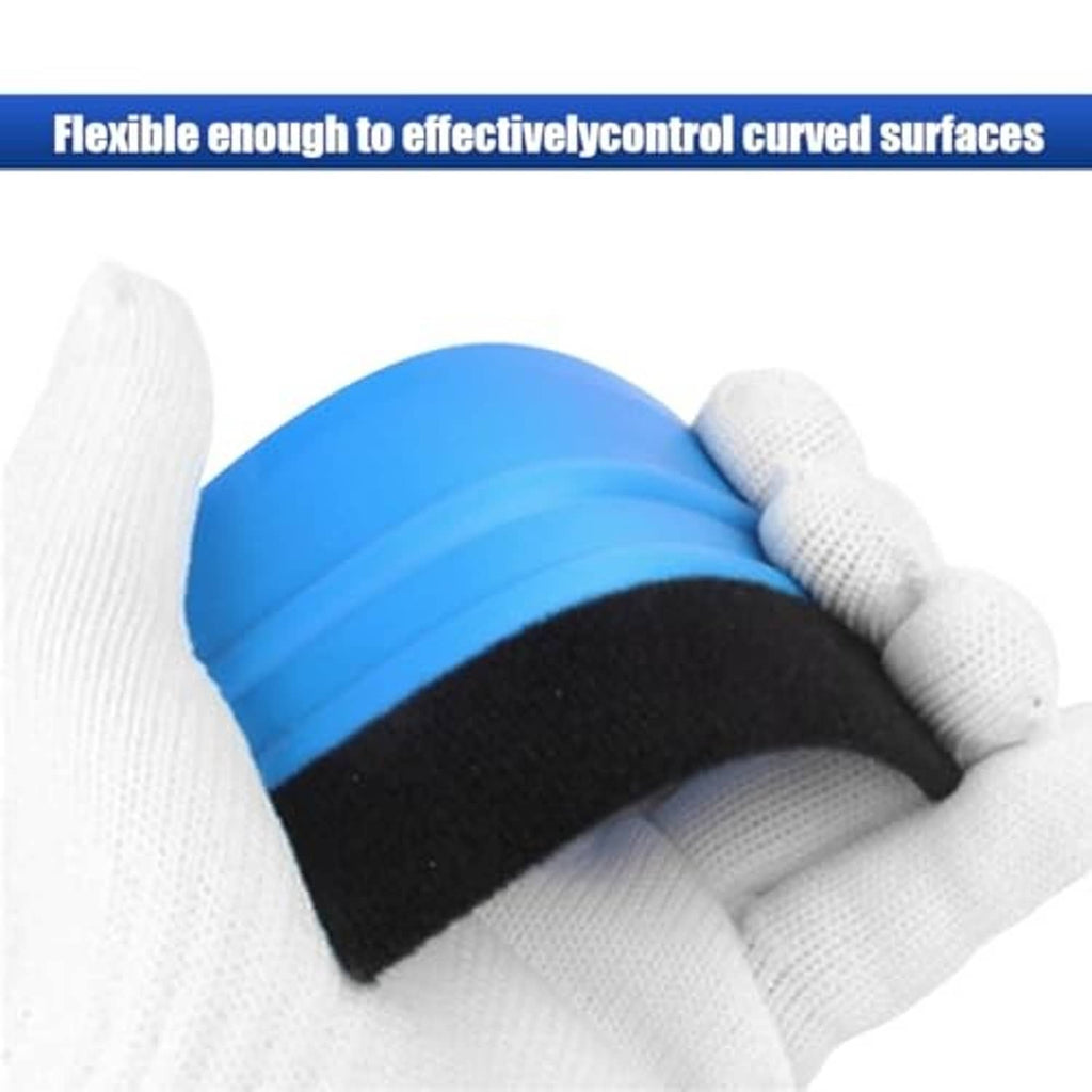 Blue plastic squeegee with black felt pad, flexible for curved surfaces