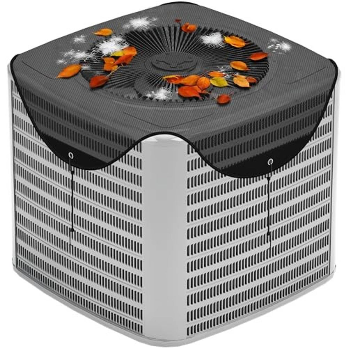 Black mesh outside AC unit cover with arched cutout and snug, elastic fit