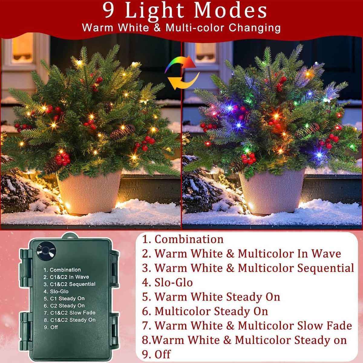Lighted mini Christmas trees with warm white and multicolor changing lights, 9 modes