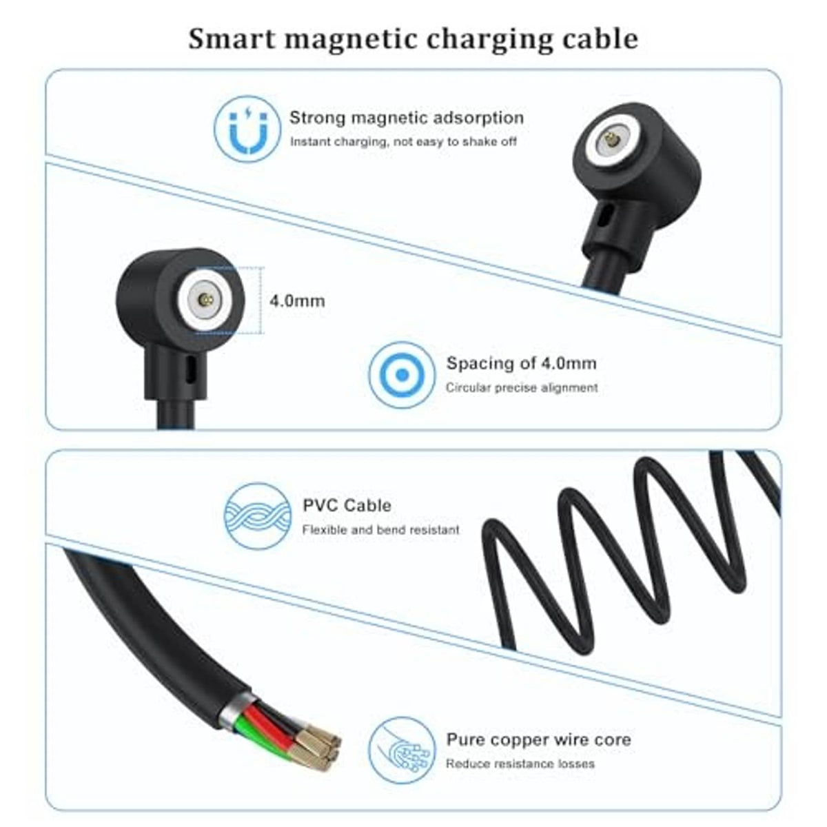 Black magnetic charging cable with round port head and flexible PVC sheath