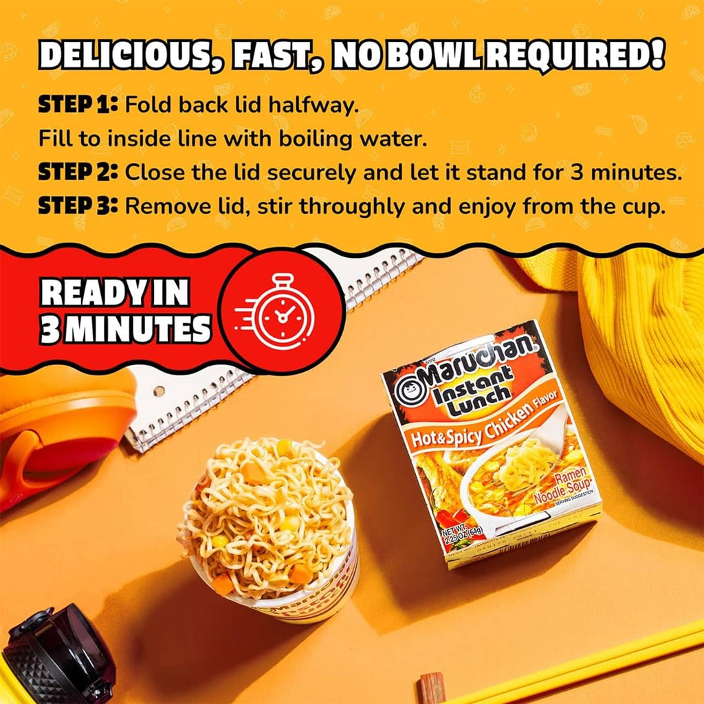 Maruchan Instant Lunch ramen noodle cup with noodles and a Hot & Spicy Chicken flavor pack