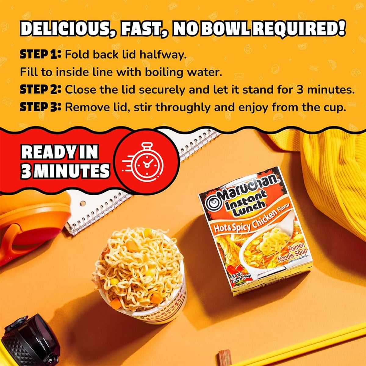 Maruchan Instant Lunch ramen noodle cup with noodles and a Hot & Spicy Chicken flavor pack