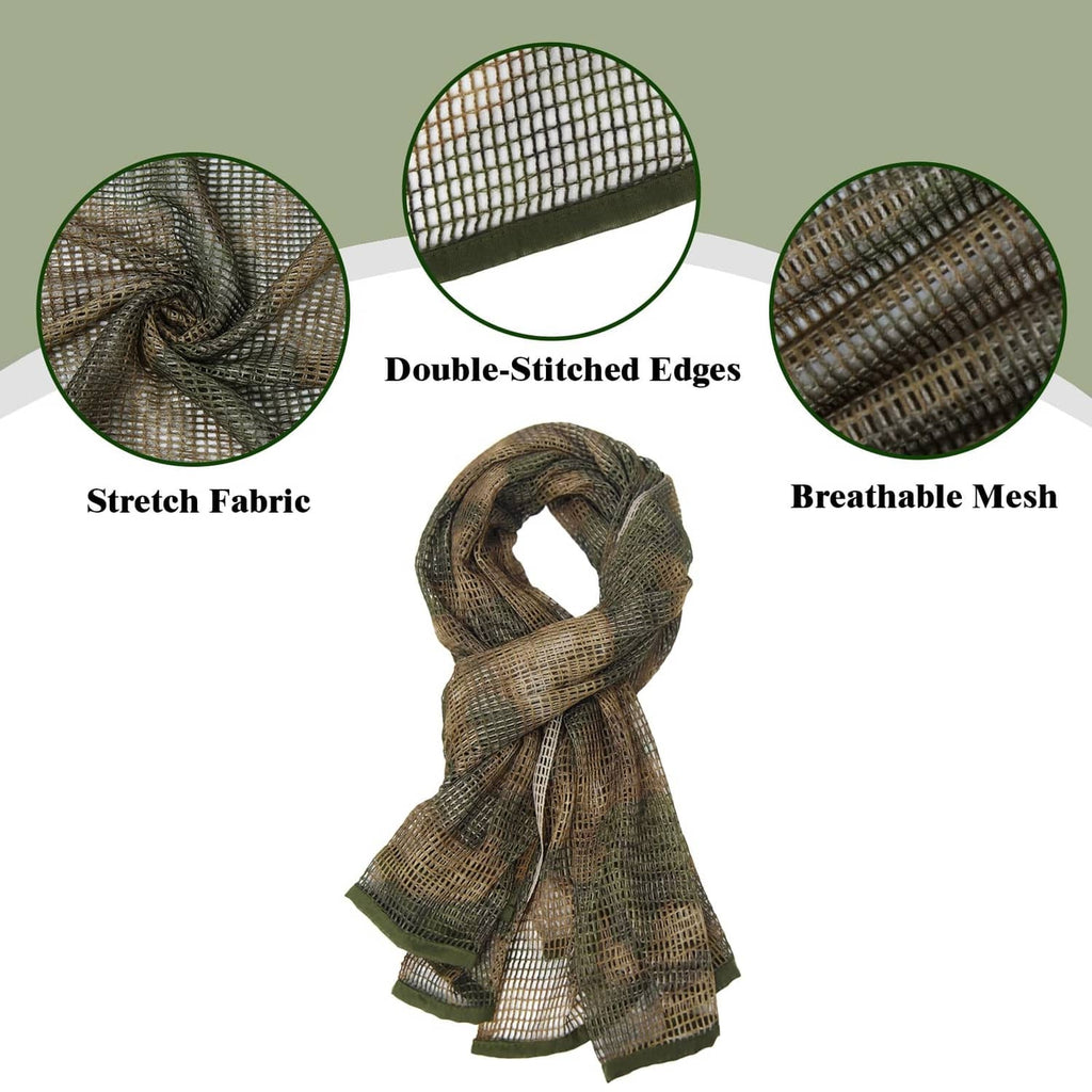 Woodland camo neck scarf with double-stitched edges and breathable mesh texture