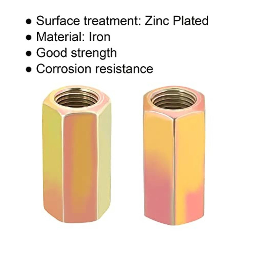 Zinc-plated iron hex coupling nuts, iridescent yellow-gold, threaded M10 x 1