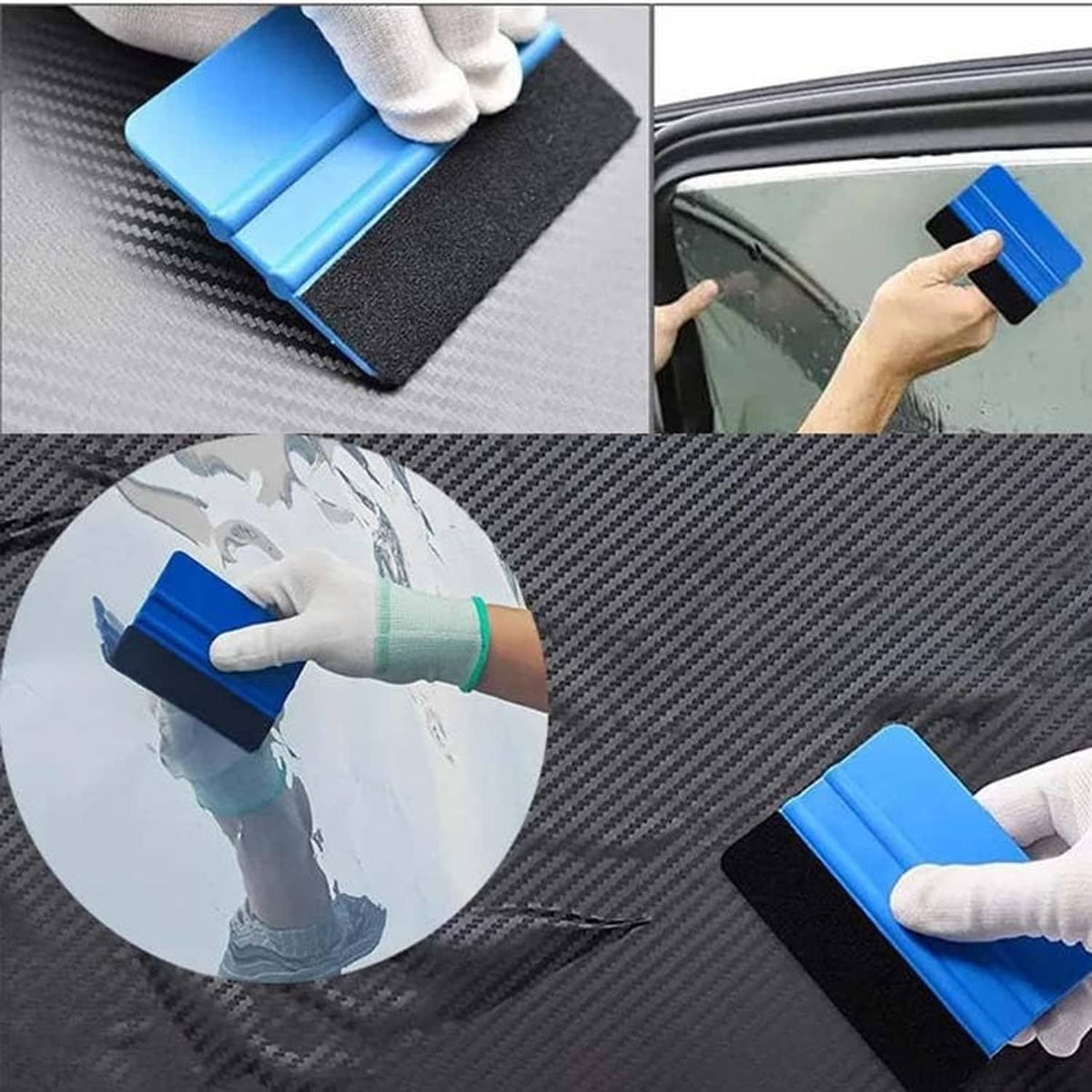 Black felt squeegee replacement pads with adhesive backing, shown during use