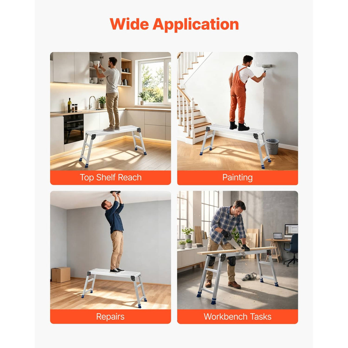 Folding work platform stool used for painting, repairs, and reaching shelves