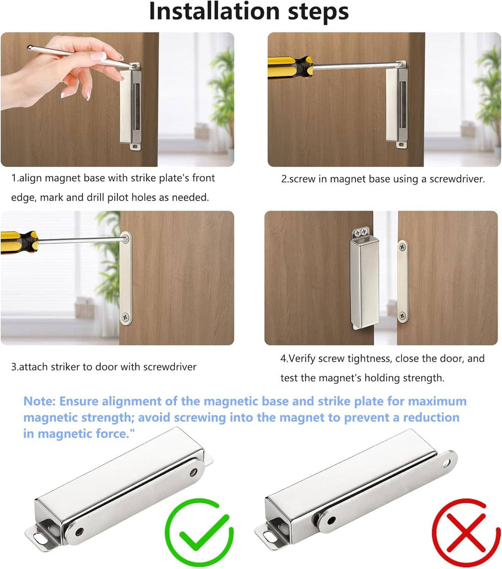 Magnetic door catch installation set: mounting base, strike plate, and screws