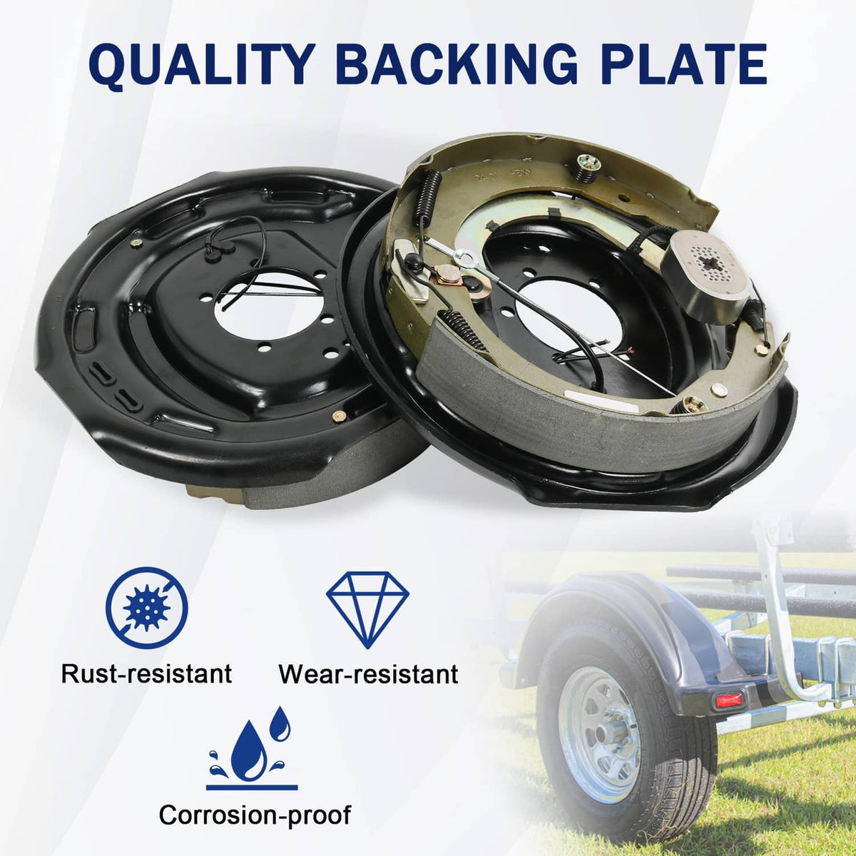 Electric trailer brake assemblies showing backing plates and wiring components, black and gold