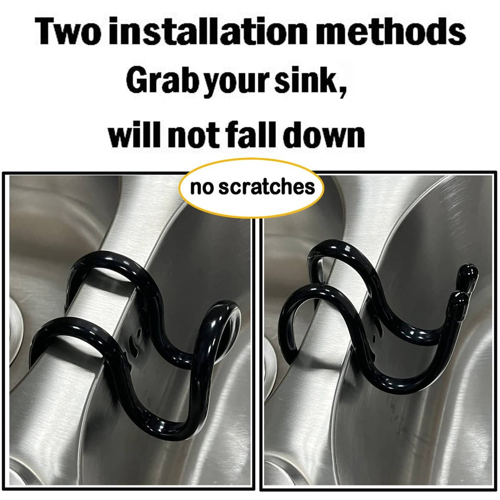 Black dish wand holder rack fitted on sink, secure claws for hanging cleaning tools