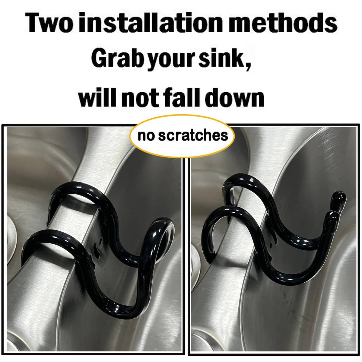 Black dish wand holder rack fitted on sink, secure claws for hanging cleaning tools