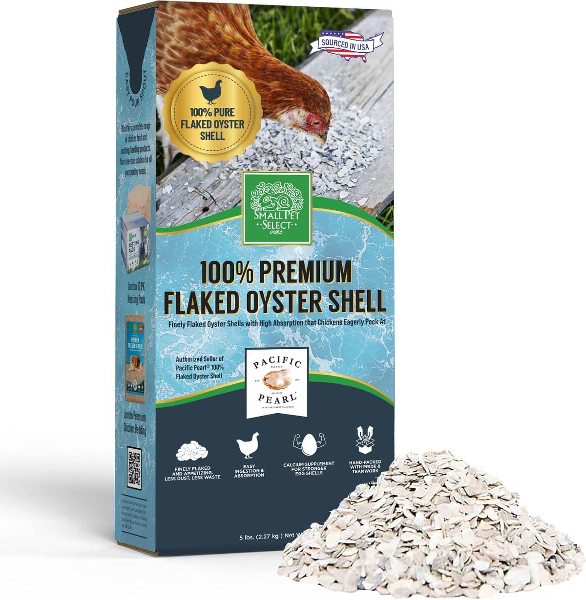 Flaked oyster shell bag with a pile of white shell flakes in front