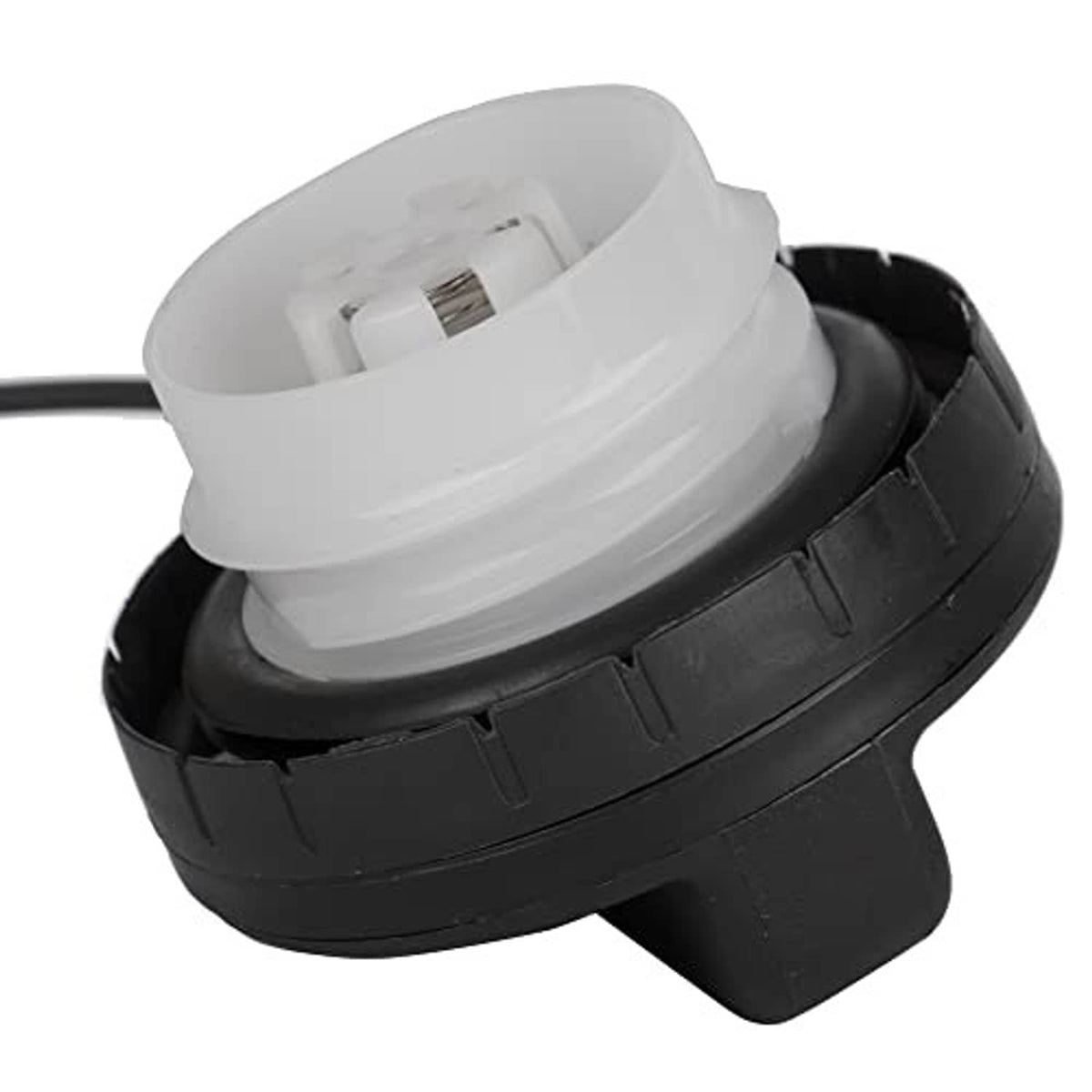 Fuel gas cap side view with black outer housing and white inner gasket ring