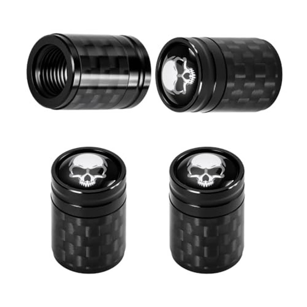 Set of 4 black carbon fiber-style tire valve stem caps with skull emblem and threads