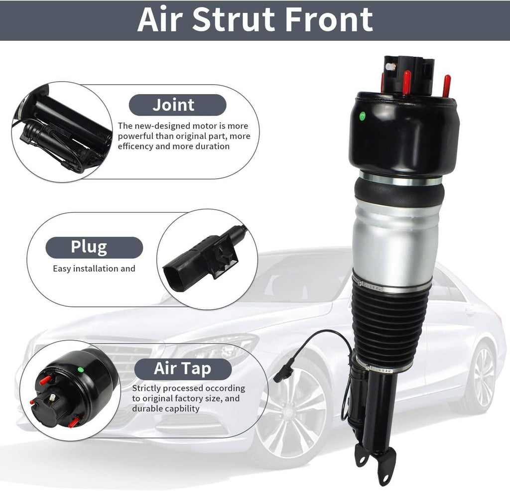 Front air strut with black air spring top, silver body, and ribbed suspension sleeve